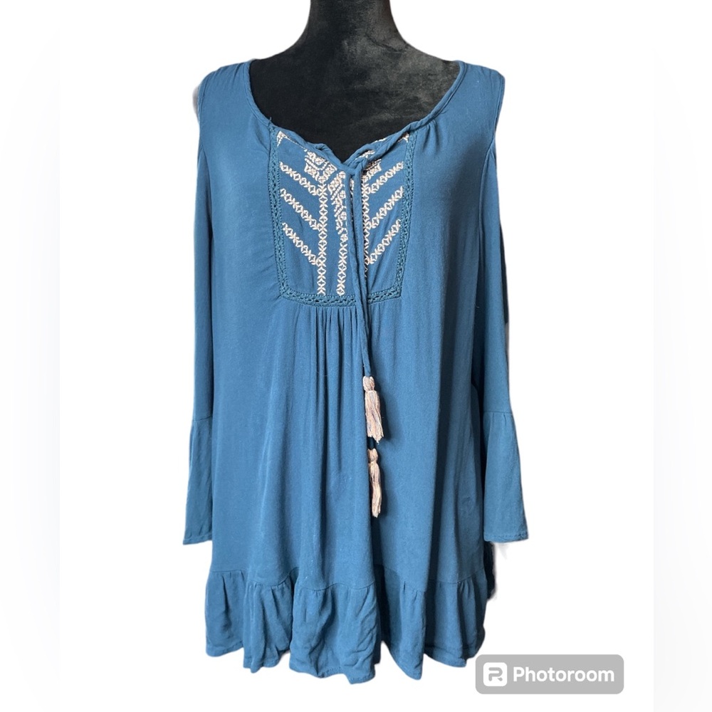 Knox Rose Teal Tie Front Boho Cold Shoulder Blouse